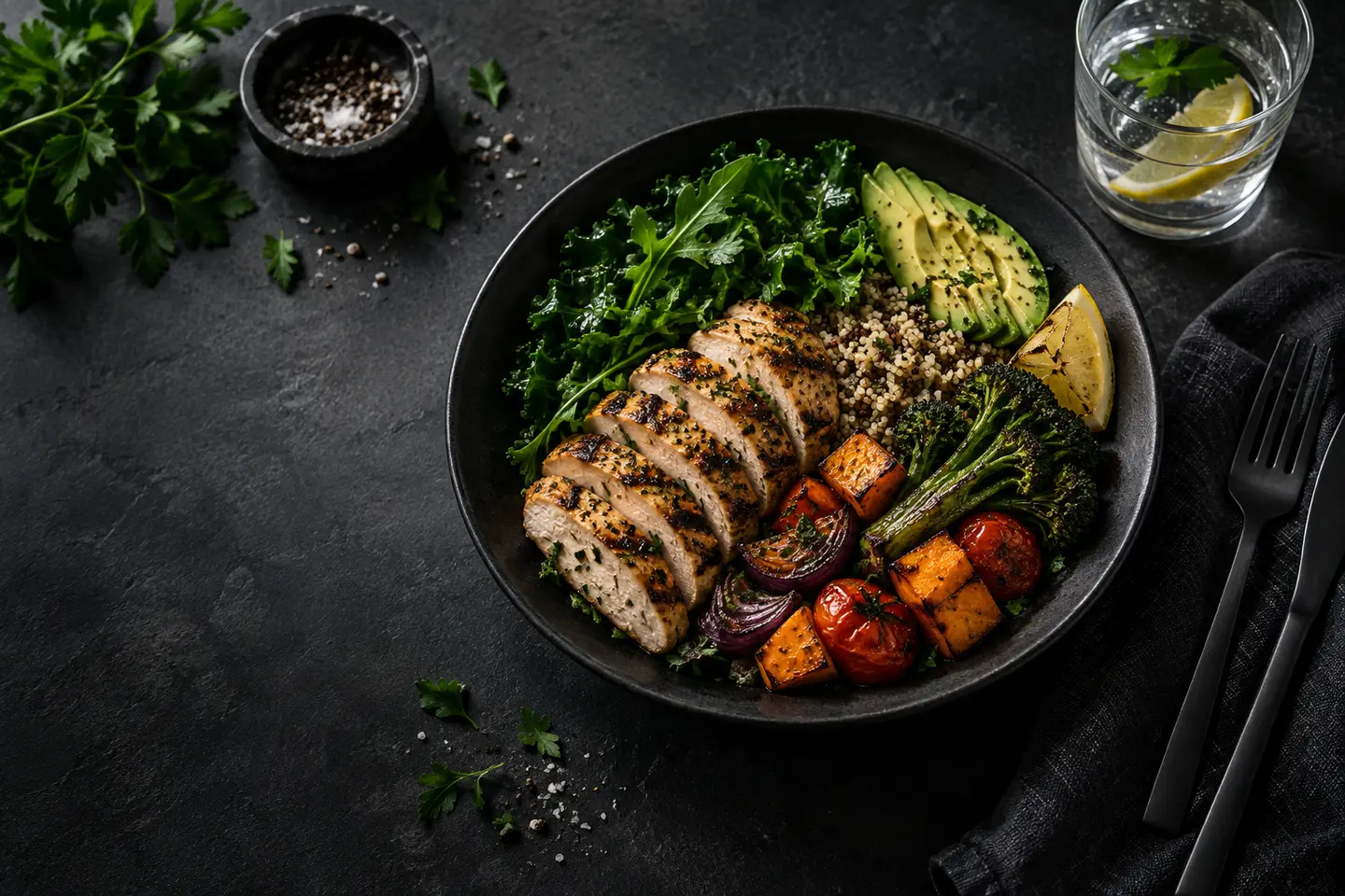 Ausgewogene Mahlzeit mit Gemüse und Hähnchen